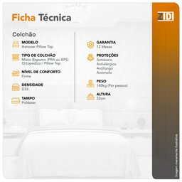 Colchão Casal Anjos Hanover One Ortopédico Espuma D33 Pillow Top 138x188x22cm - 3