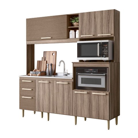 Armário Cozinha Compacta Mdf 7 Portas 3 Gavetas Balcão P/ Pia Espaço P/ Forno e Microondas Pés C/ Re