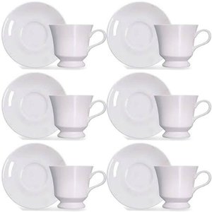 Jogo 6 Xícaras com Pires de Porcelana Branca 80ml para Chá Café Expresso Germer Capri