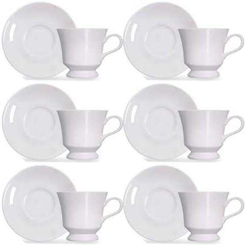 Jogo 6 Xícaras com Pires de Porcelana Branca 80ml para Chá Café Expresso Germer Capri