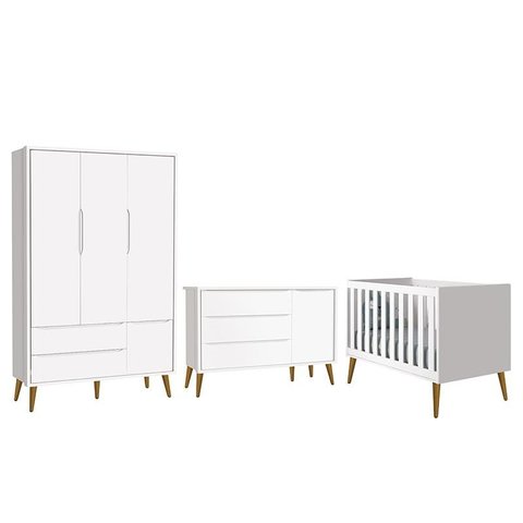 Dormitório Infantil Theo Retrô 3 Portas, Cômoda 1 Porta e Berço Branco com Pés Amadeirado - Reller M