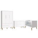 Ver imagem 1 de Dormitório Infantil Theo Retrô 3 Portas, Cômoda 1 Porta e Berço Branco com Pés Amadeirado - Reller M