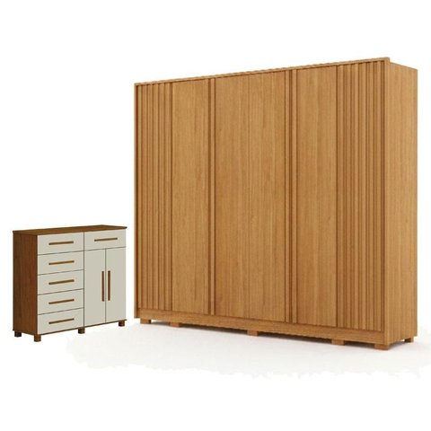 Guarda Roupa Casal Evo 6 Portas Cinamomo com Cômoda São Paulo 6 Gavetas 2 Portas Cinamomo Off-White 