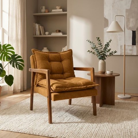 Poltrona em Madeira Maciça Confortável Sala Design Elegante Estofado Boucle Estilo Sofisticado
