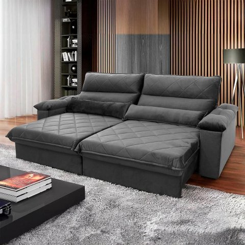 Sofá Retrátil Reclinável Grécia 2,10m Suede Velut Cinza Molas no Assento - King House