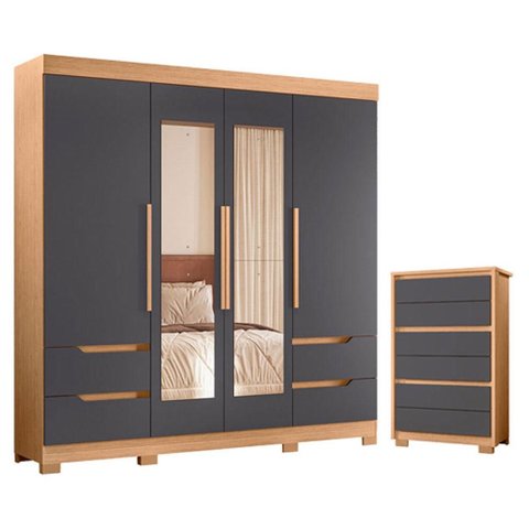 Guarda Roupa Solteiro Vivacce 04 Portas com Espelho e Cômoda Unno Freijo Titanium - Móveis Albatroz