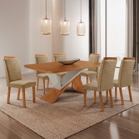 Mesa de Jantar Yasmin 180 cm Tampo MDF Laminado Canto Copo com 6 Cadeiras Aline