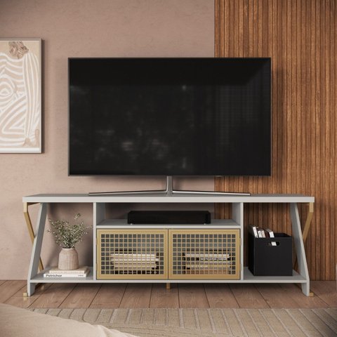 Rack para Tv 60 Polegadas Industrial Gamer com Rgb 2 Portas Arenas/dourado