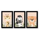 Ver mais imagens de Kit 3 Quadros Safari Aquarela Infantil Quarto Vidro 20x30cm Título Moldura Mel
