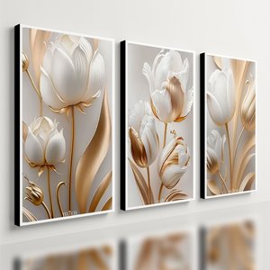 Kit 3 Quadro Decorativo Sala Flores Tulipas Brancas Gold 4k Qualidade Premium 28x20cm