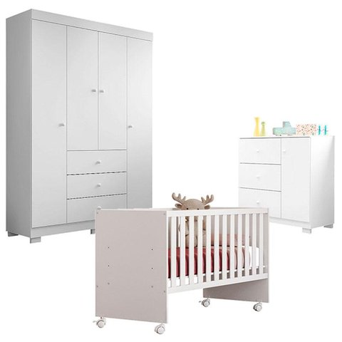 Quarto de Bebê Duda 4 Portas com Berço Nacional Doce Sonho 3540 Branco Brilho – Phoenix Baby