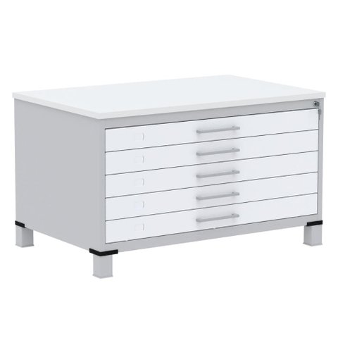 Mapoteca 5 Gavetas Pandin 120cm (larg) Inmetro Tampo Mdp Branco Estrutura Aço Cinza Gavetas Brancas