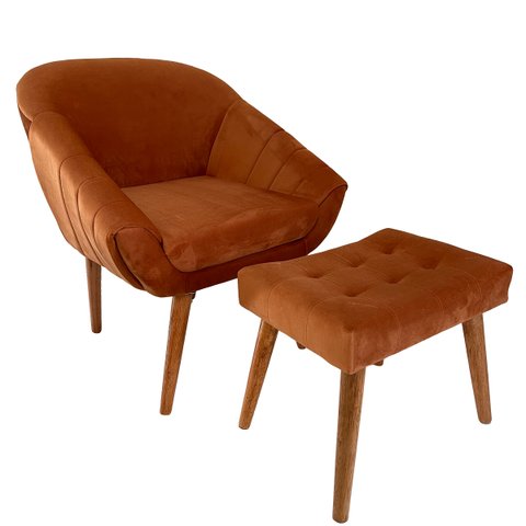 Kit Poltrona Giovana Puff Capitonê Luxo e Almofadas em Sued Premium:terracota Pés Madeira Claro