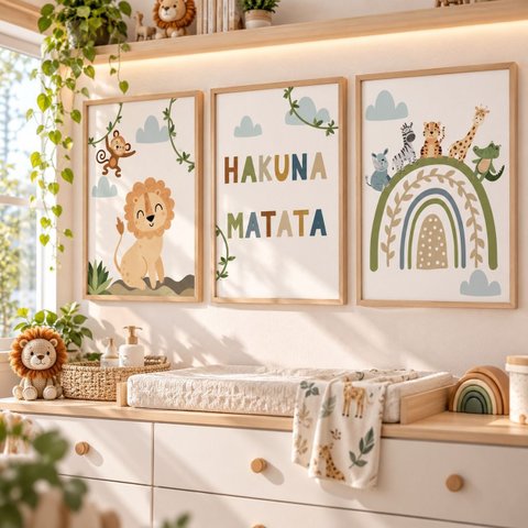 Kit 3 Quadros Infantil Hakuna Matata Quarto Bebê Menino Menina 40x60 Moldura Madeira