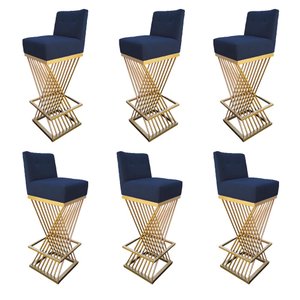 Kit 06 Banquetas Luma Base de Ferro Sued Azul Marinho - D'classe Decor