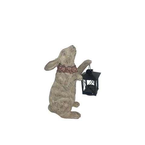 Escultura Coelho Rustico Segurando Laterna em Resina 26cm