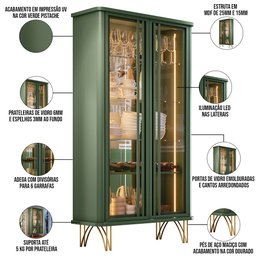 Kit Aparador Buffet Bar Living Santiago com Cristaleira Adega Síria B01 Verde Pistache - Lyam Decor  - 7