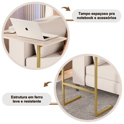 Mesa Suporte Home Office Bancada para Computador Notebook com Pés de Ferro Thor - Pérola/dourado - 4