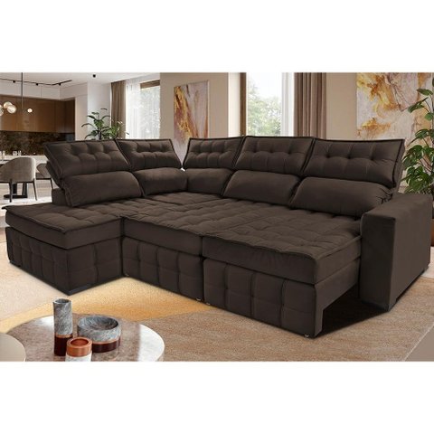 Sofá de Canto Direito 2.65x2.30m Retrátil e Reclinável com Molas Ensacadas Cama inBox Nobre Caf