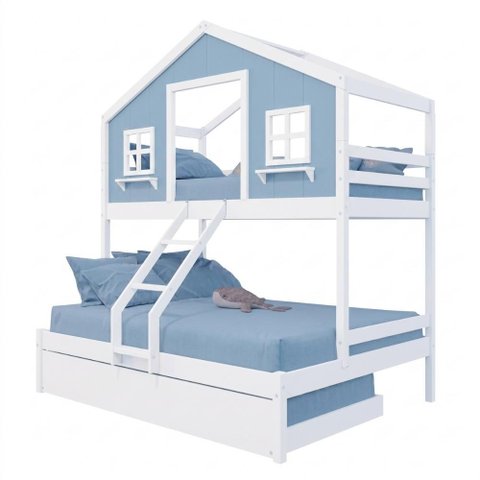 Treliche Casal/ Solteiro Casinha Dos Sonhos Madeira Maciça Branco/ Azul Housin