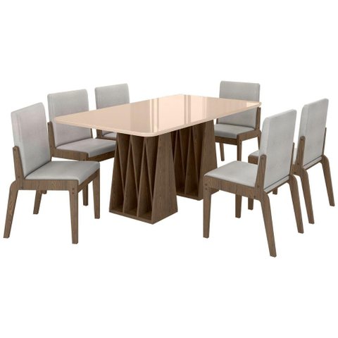 Kit Mesa de Jantar Orquestra com 6 Cadeira Sinfonia em Linho Carvalho/fendi/cinza