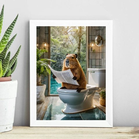 Quadro Capivara no Banheiro Lendo Jornal 45x34cm:madeira Preta