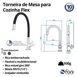 Torneira Cozinha Mesa Flexível Bica Alta Cromo Flex 99 Fani - 2