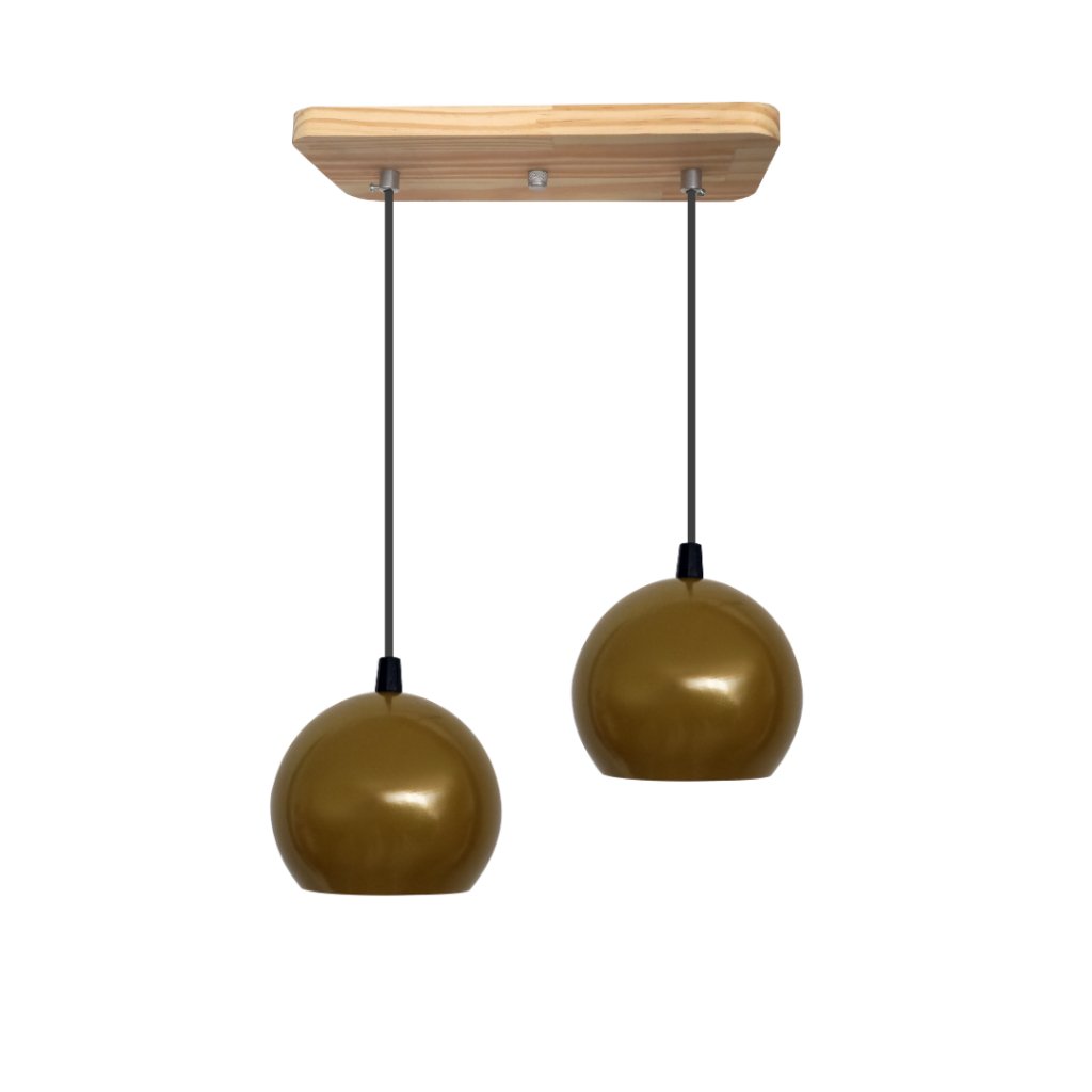 Luminária Pendente Cúpula Bola Suporte Madeira Pinus – Soquete E-27 – Abf Luminárias:dourado - 1