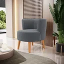 Ver imagem 1 de Poltrona Estofada Tecido Boucle Confortavel para Sala de Espera Pés de Madeira Resistente Elegante
