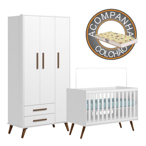 Quarto de Bebê Qencanto Retrô com Roupeiro e Berço Qmovi Branco Acetinado + Colchão Gazin