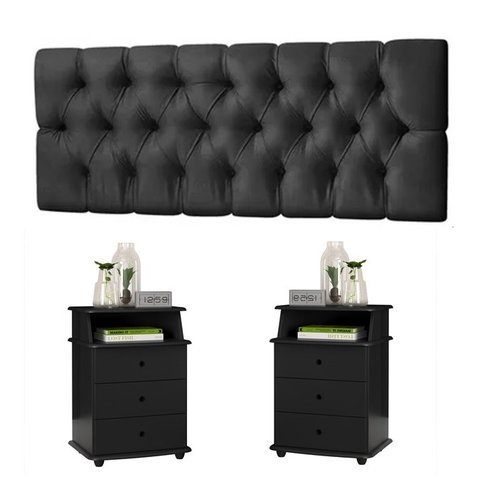 Conjunto Cabeceira Painel Paris 1,40 Capitone com Mesas de Cabeceira Luxo Preto - Rede Móveis