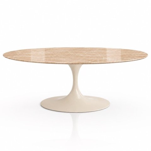Mesa de Jantar Saarinen Oval 160x90 cm Tampo Mármore Travertino Base Laca Off White