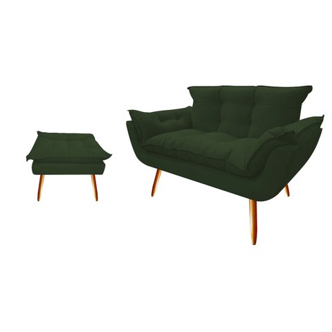 Kit Namoradeira +1 Puff Puf Decorativo Opala Suede Verde Pés Madeira Ms Decor