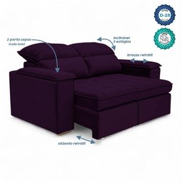 Sofá Retrátil Reclinável 2 Lugares 1,90m Boni Veludo Roxo - 7