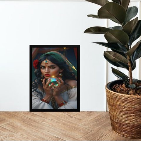 Quadro Cigana com Bola de Cristal 24x18cm - com Vidro:madeira Preta