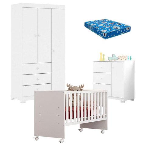 Quarto de Bebê Duda 3 Portas com Berço Nacional Doce Sonho 3540 Branco Brilho com Colchão Ortobom – 