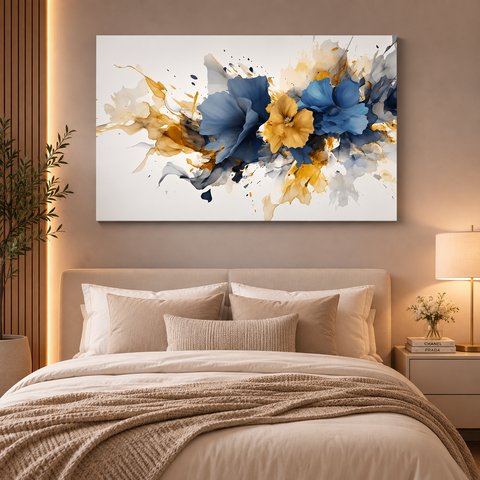 Quadro Decorativo Elegante Floral Azul Dourado Abstrato Sala Quarto 60x90