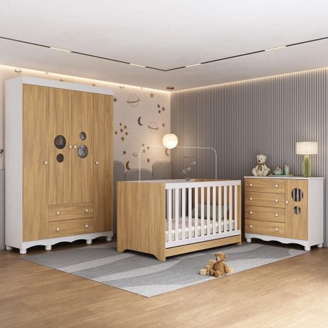 Quarto de Bebê Completo com Berço Americano 3 em 1 Suspiro Multimóveis Mp4616 Branco/madeirado