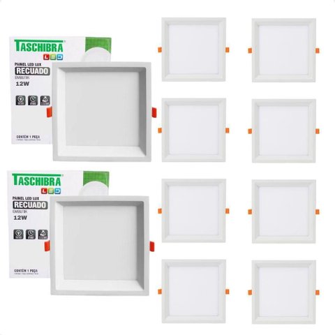Kit 10 Painel de Led Quadrado Embutir Recuado 12w Bivolt Taschibra 3000k Quente
