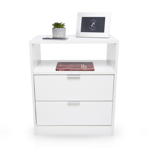 Mesa de Cabeceira Branca 2 Gavetas e 1 Nicho Mesinha para Quarto Lateral da Cama Estilo Cômoda