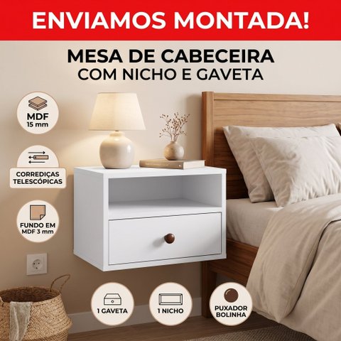Kit 2 Mesas de Cabeceira Suspensas 25cm 1 Gaveta 1 Nicho MDF 15mm Montadas