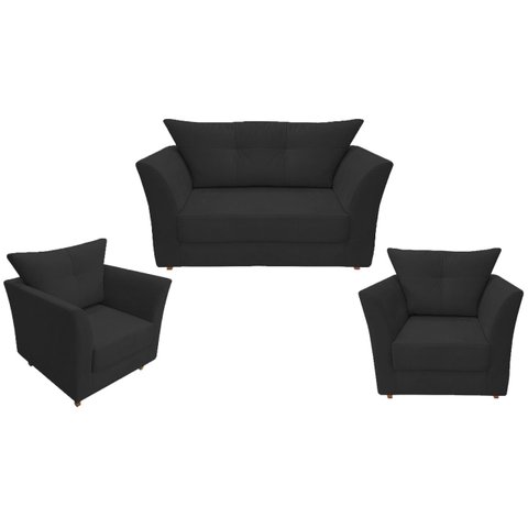 Kit Namoradeira + 2 Poltronas Decorativa Isis Couro Preto Pés Madeira Ms Decor