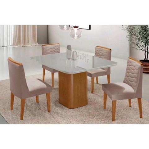 Conjunto: Mesa Sala Jantar Maldivas Tampo c/ Vidro Curvo 90cm+4 Cadeiras Maldivas Madeira Naturale/
