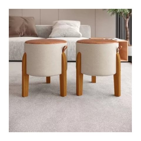 Conjunto 2 Puff Luma Redondo com Pés em Madeira Maciça e Assento em Couro - Bege com Marrom