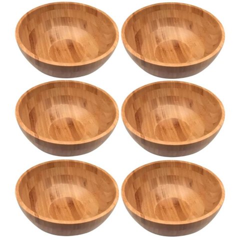 Jogo 6 Saladeiras de Bambu Natural 28cm Bowl Fundo Circular