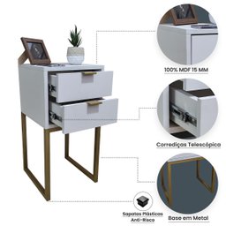Mesa de Cabeceira Off White 30cm Eco Industrial 2 Gavetas Quarto Base Metal Dourado Puxador Gold - 3