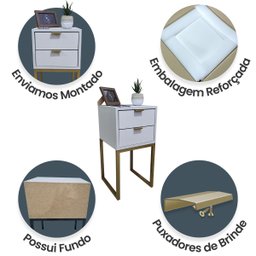 Mesa de Cabeceira Off White 30cm Eco Industrial 2 Gavetas Quarto Base Metal Dourado Puxador Gold - 4
