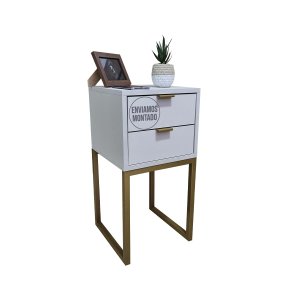Mesa de Cabeceira Off White 30cm Eco Industrial 2 Gavetas Quarto Base Metal Dourado Puxador Gold