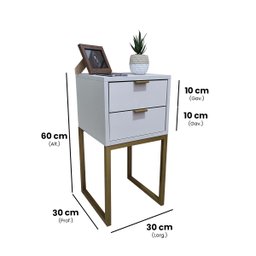 Mesa de Cabeceira Off White 30cm Eco Industrial 2 Gavetas Quarto Base Metal Dourado Puxador Gold - 2