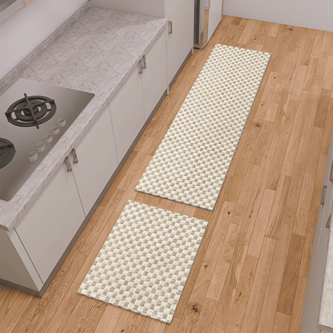 Tapete Jogo 2 Peças Cozinha Passadeira 1,30m X 0,45m Capacho 0,65m X 0,45m Quadriculado Luxo Bege